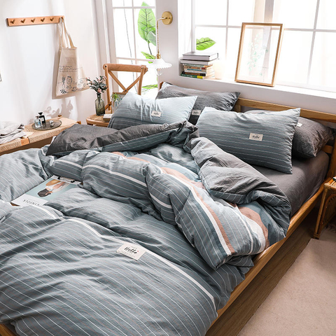 Luxuriöse Bettwäsche aus Baumwolle mit tiefen Taschen, stahlblau gestreift